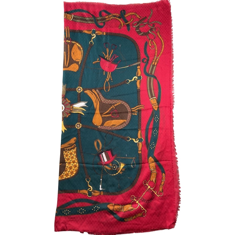 Vintage Women's OS Red Equestrian Saddle Print Fringed Made in Italy 46"x46"